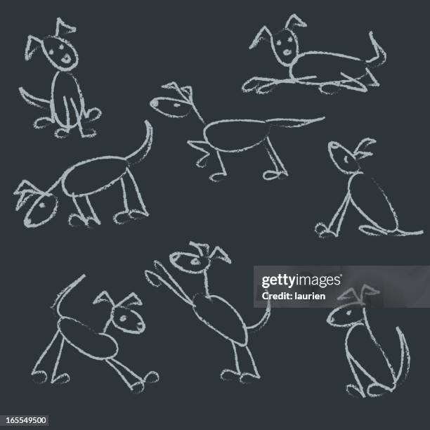 stick figure dogs drawn on chalkboard. - stick figure drawing stock illustrations