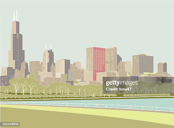 digital drawing of the chicago skyline - walled lake michigan stock illustrations