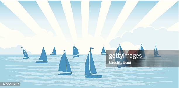 sailboats on the sea - sailboat silhouette stock illustrations