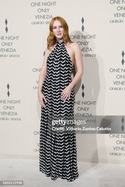 Gina Alice Stiebitz attends Giorgio Armani "One Night In Venice" photocall on September 02, 2023 in Venice, Italy.