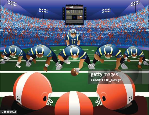 stockillustraties, clipart, cartoons en iconen met two american football teams on field with stadium - american football lineman