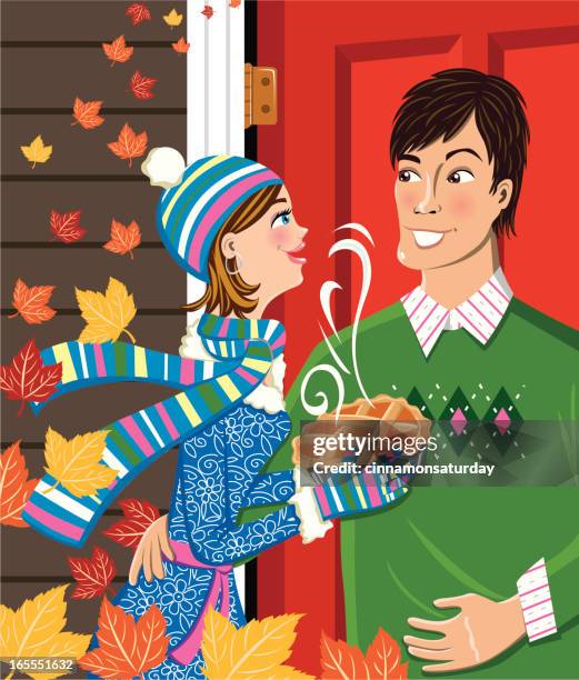 woman with pumpkin pie - pumpkin pie stock illustrations