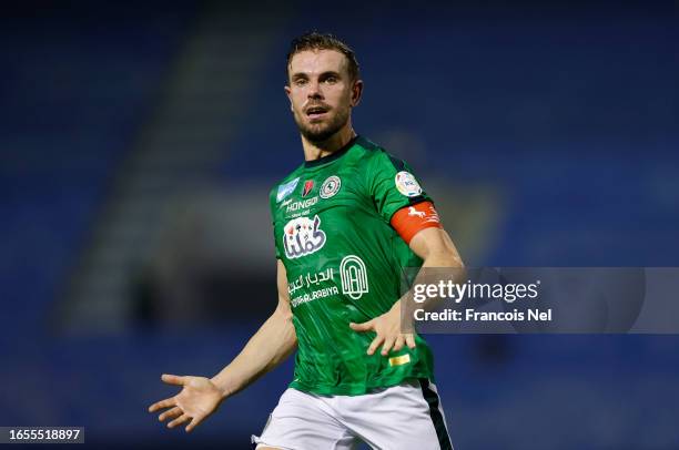 Jordan Henderson of Al-Ettifaq reacts during the Saudi Pro League match between Al-Ettifaq and Damak at Prince Mohamed bin Fahd Stadium on September...