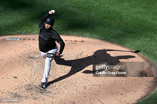 Johnny Cueto of the Miami Marlins pitches in the third inning against the Washington Nationals at Nationals Park on September 02, 2023 in Washington,...