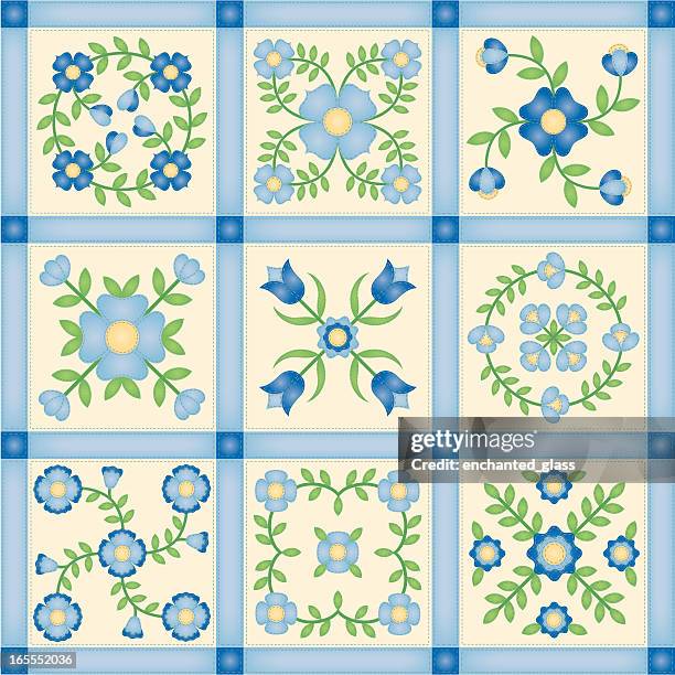 flower applique patchwork quilt blocks - patchwork stock illustrations