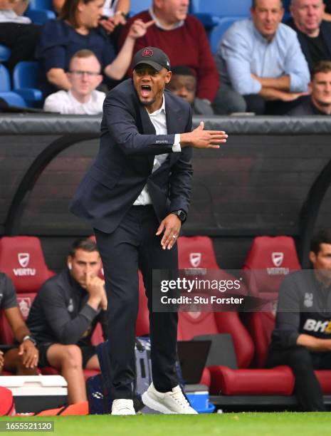 Burnley manager Vincent Kompany reacts on the touchline during the Premier League match between Burnley FC and Tottenham Hotspur at Turf Moor on...