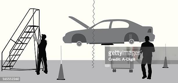 car mechanics vector silhouette - hoisted stock illustrations
