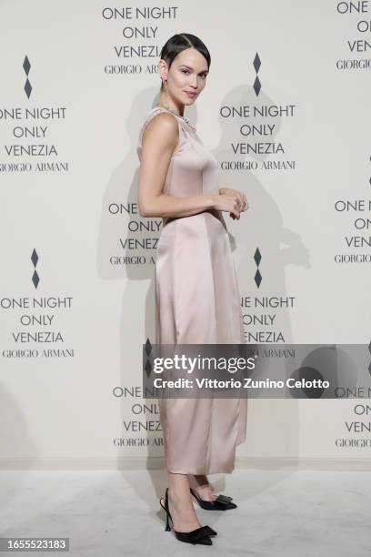 Emilia Schüle attends Giorgio Armani "One Night In Venice" photocall on September 02, 2023 in Venice, Italy.