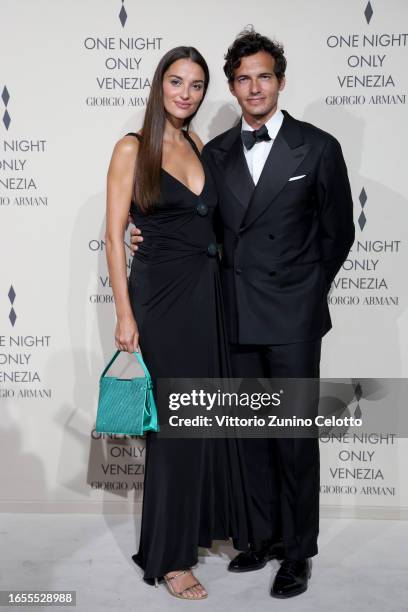 Gabrielle Caunesil and Riccardo Pozzoli attend Giorgio Armani "One Night In Venice" on September 02, 2023 in Venice, Italy.