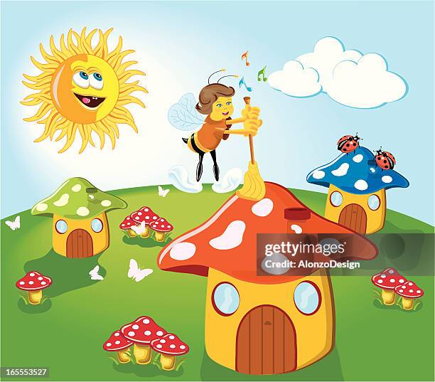cartoon of happy bee sweeping mushroom houses during day - toadstool stock illustrations