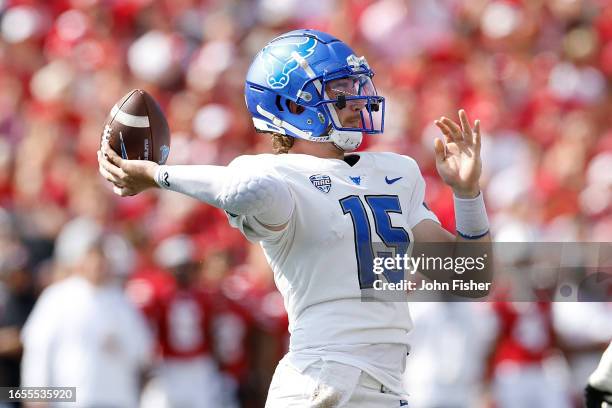 Cole Snyder of the Buffalo Bulls throws a pass in the first quarter against the Wisconsin Badgers at Camp Randall Stadium on September 02, 2023 in...