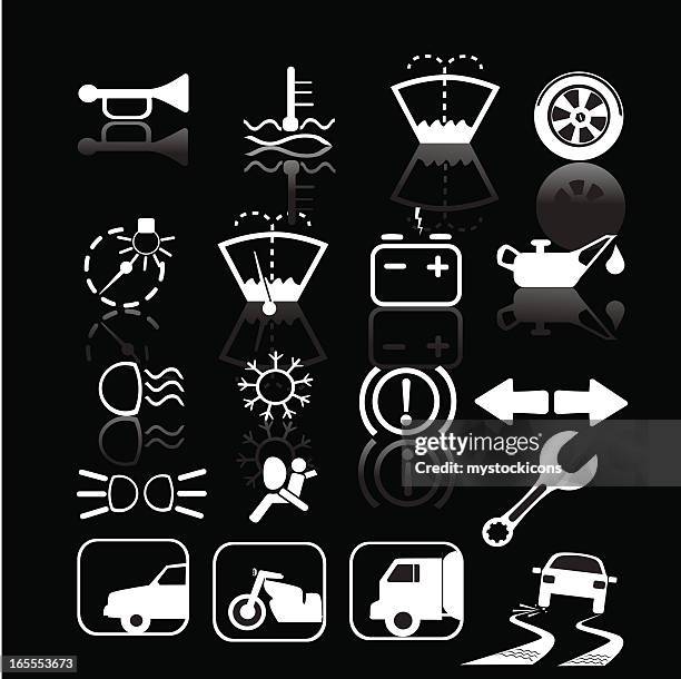 black and white car indicator icons - icehorn stock illustrations