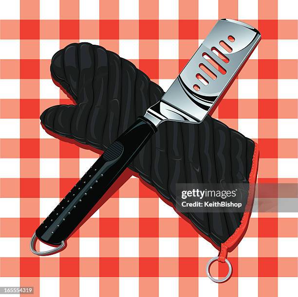 barbecue grilling mitt and spatula on tablecloth - tablecloth overhead stock illustrations