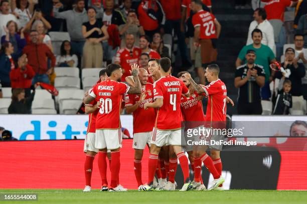 Fredrik Aursnes of SL Benfica celebrates after scoring his team's fourth goal with teammates during the Liga Portugal Bwin match between SL Benfica...