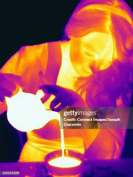 thermal image of woman having cup of tea - thermo becher stock-fotos und bilder