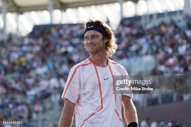 Andrey Rublev of Russia reacts after a point against Arthur Rinderknech of France in their Men's Singles Third Round match on Day Six of the 2023 US...