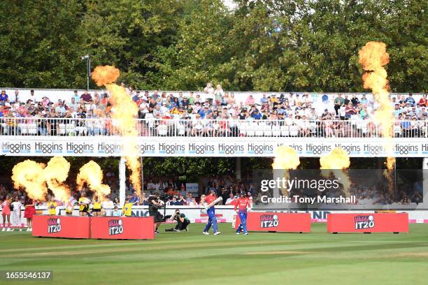 Mala Bouchier and Danni Wyatt of England Women take to the field of play during the 2nd Vitality IT20 match between England Women and Sri Lanka women...