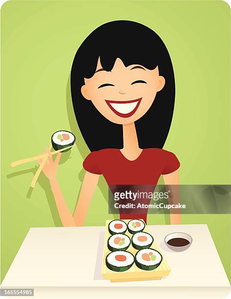 smiling girl enjoying sushi in retro style - futomaki stock illustrations