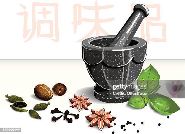 illustrazioni stock, clip art, cartoni animati e icone di tendenza di fisico e spezie - mortaio con pestello