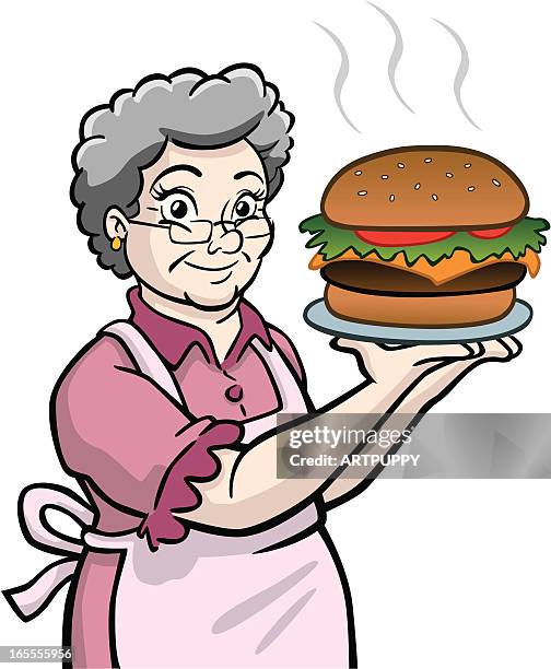 granny with giant burger - senior cooking stock illustrations