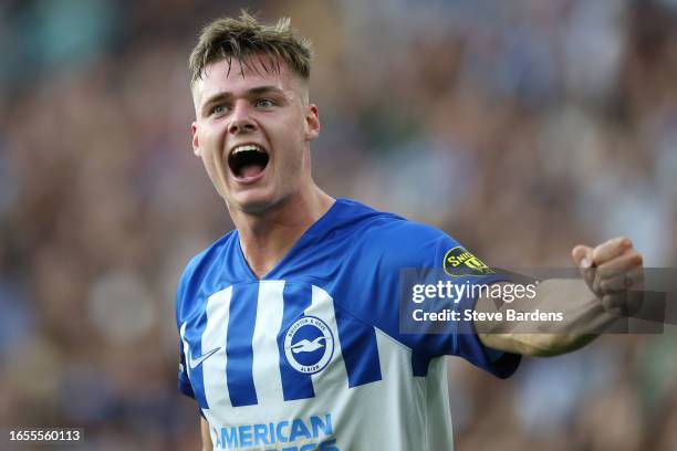 Evan Ferguson of Brighton & Hove Albion celebrates after scoring the team's second goal during the Premier League match between Brighton & Hove...