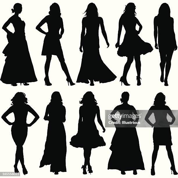 stockillustraties, clipart, cartoons en iconen met fashionable women silhouette set - dress