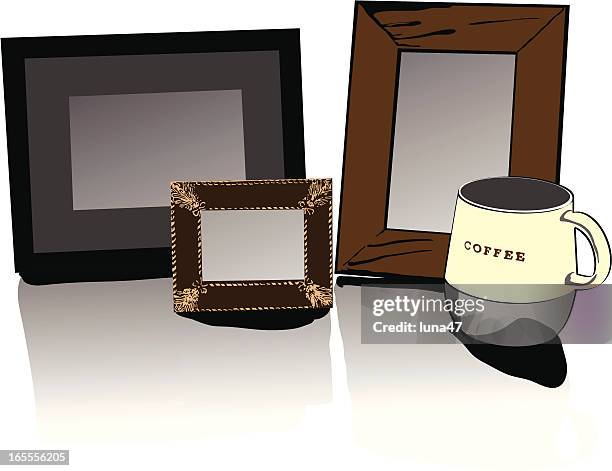 picture frames and mug - wooden cubes stock illustrations