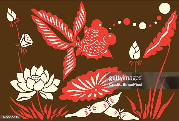 goldfisch, blasen & lotus blumen - lotuswurzel stock-grafiken, -clipart, -cartoons und -symbole
