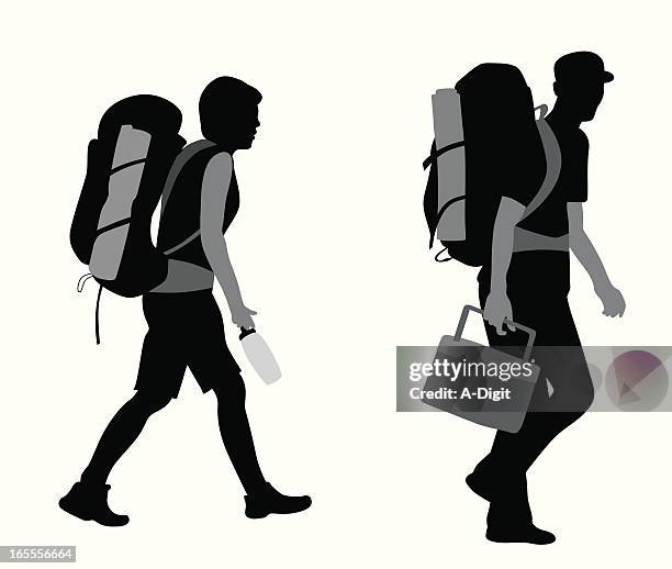 backpackers vector silhouette - young couple hiking stock illustrations