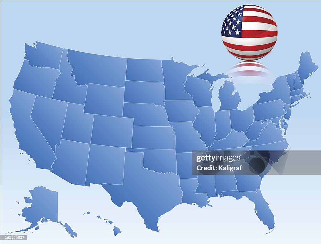 Illustration carte des USA avec 3D verre drapeau