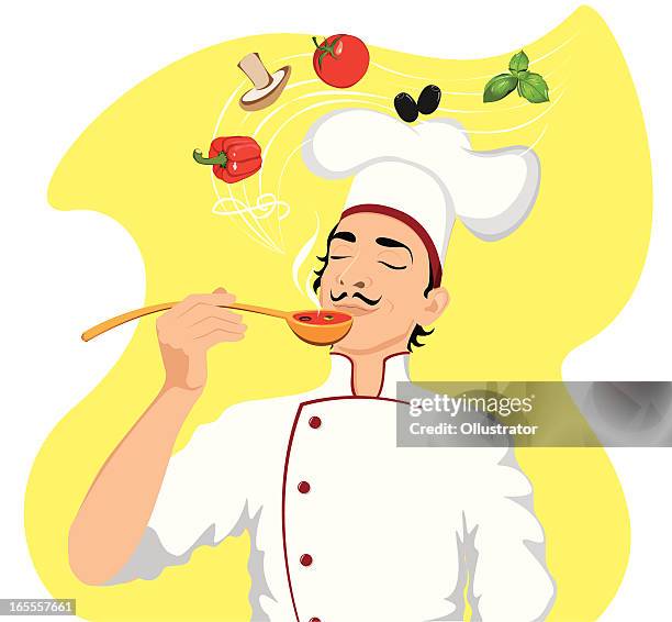 ilustraciones, imágenes clip art, dibujos animados e iconos de stock de muy satisfecho cook - oler comida