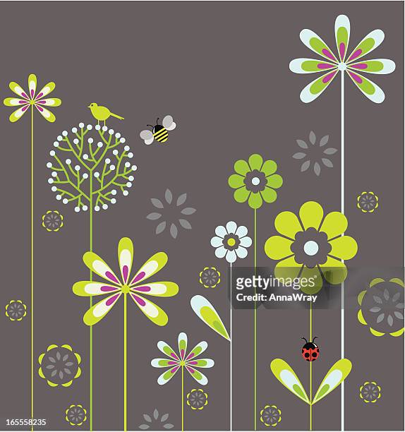 ilustraciones, imágenes clip art, dibujos animados e iconos de stock de jardín de flores - mariquita