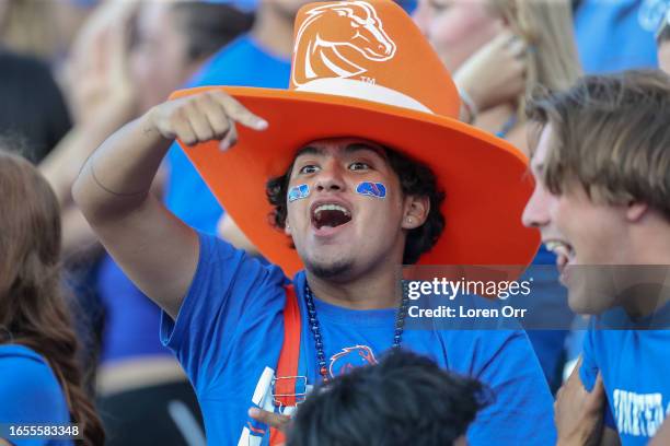 Boise State Broncos fan celebrates during second half action against the UCF Knights at Albertsons Stadium on September 9, 2023 in Boise, Idaho. UCF...