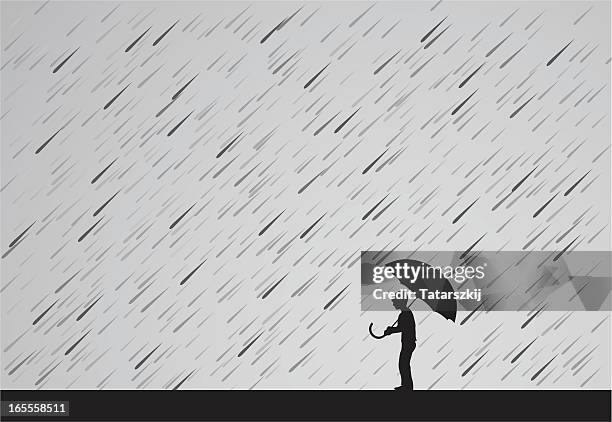 stockillustraties, clipart, cartoons en iconen met a silhouette of a man holding an umbrella in the rain - alleen één jongen