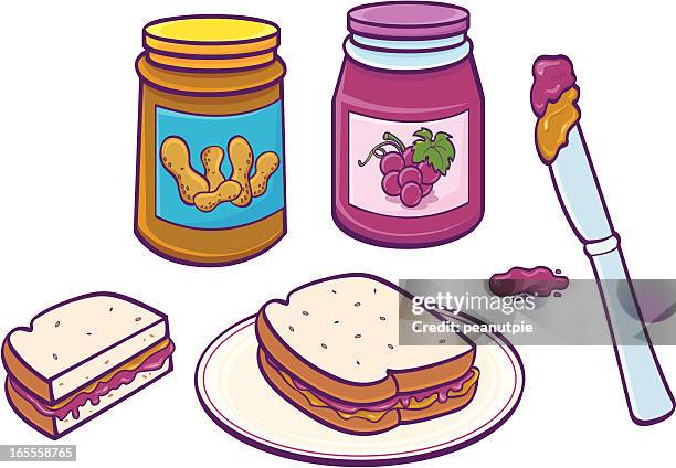 ilustraciones, imágenes clip art, dibujos animados e iconos de stock de un sándwich de mantequilla de maní & gelatina - bocadillo con mantequilla de cacahuete y mermelada