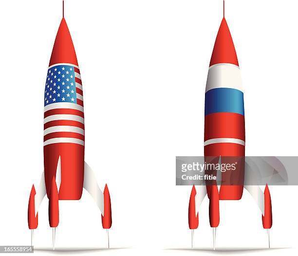 ilustrações, clipart, desenhos animados e ícones de foguete com bandeiras espaço - guerra fria