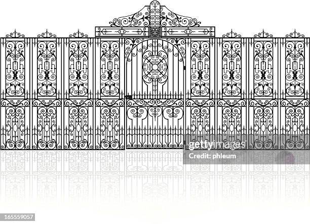 bildbanksillustrationer, clip art samt tecknat material och ikoner med decorative wrought-iron fence with gate vector drawing - räcke