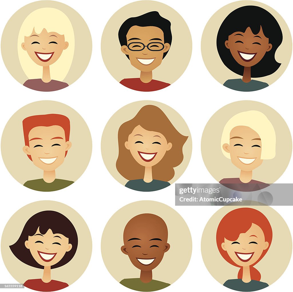 Diversity: Nine Smiling Faces in Cirles: Retro style