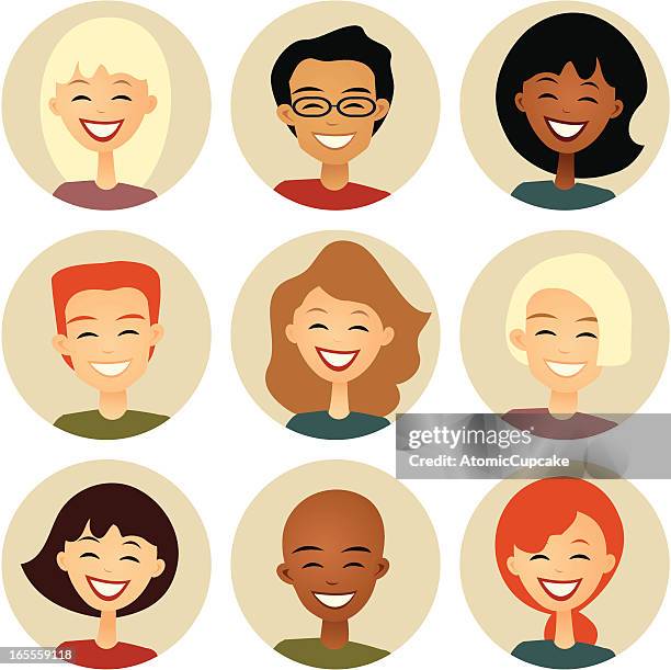 diversity: nine smiling faces in cirles: retro style - redhead stock illustrations