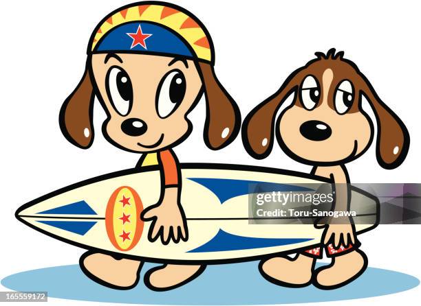ilustraciones, imágenes clip art, dibujos animados e iconos de stock de tabla de surf de perro - amigos surferos