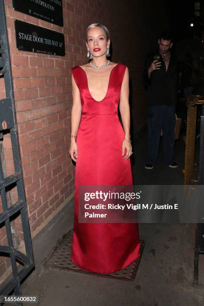 Lily Allen seen leaving the Duke of York's Theatre after her performance in "The Pillowman" on September 02, 2023 in London, England.