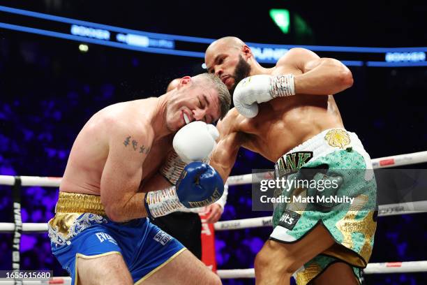 Chris Eubank Jr punches Liam Smith during the Chris Eubank Jr v Liam Smith II Middleweight Title fight at Manchester Arena on September 02, 2023 in...