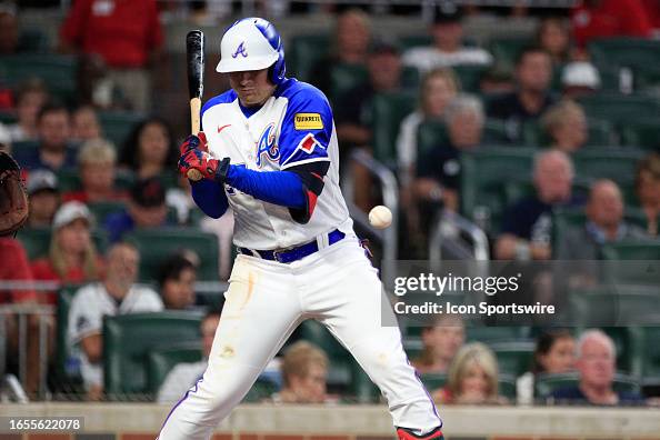 Austin Riley Third Base Atlanta Braves third baseman Austin Riley gets hit with the base ball ...