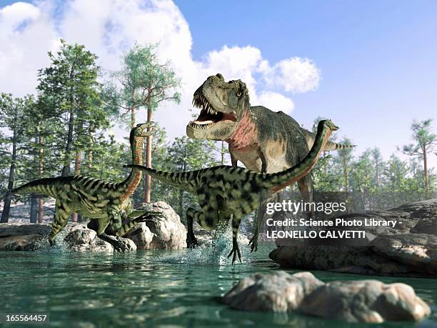 illustrazioni stock, clip art, cartoni animati e icone di tendenza di tyrannosaurus rex hunting, artwork - tre animali