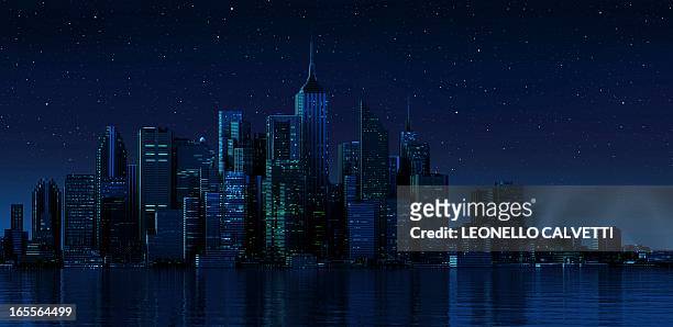 illustrations, cliparts, dessins animés et icônes de cityscape at night, artwork - panoramic