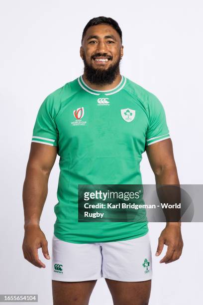 Bundee Aki of Ireland poses for a portrait during the Ireland Rugby World Cup 2023 Squad photocall on September 01, 2023 in Tours, France.