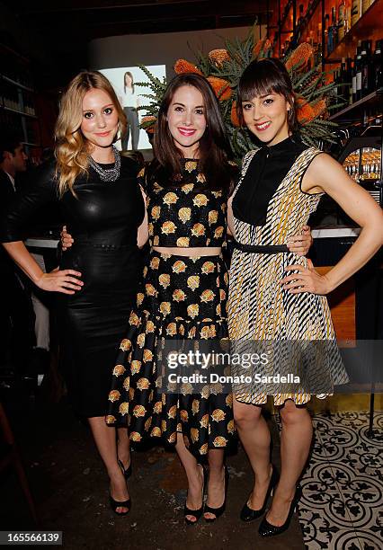 Actresses Julianna Guill, Alison Brie, and Cyrina Fiallo attend Vogue's "Triple Threats" dinner hosted by Sally Singer and Lisa Love at Goldie's on...