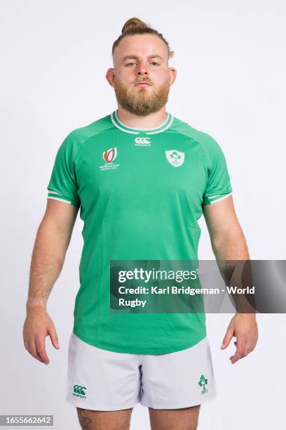 Finlay Bealham of Ireland poses for a portrait during the Ireland Rugby World Cup 2023 Squad photocall on September 01, 2023 in Tours, France.