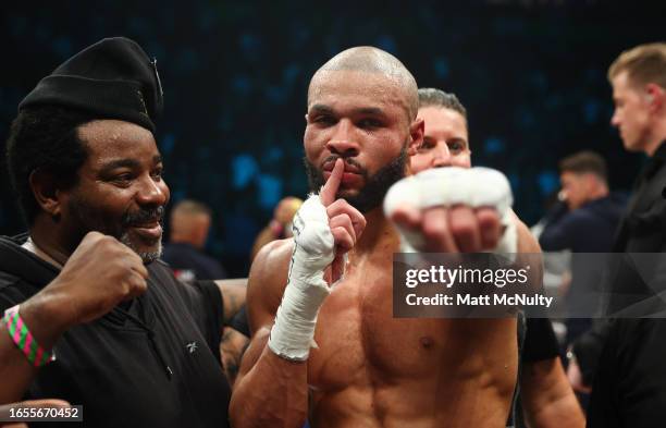 Chris Eubank Jr celebrates after beating Liam Smith in a 10th round stoppage during the Chris Eubank Jr v Liam Smith II Middleweight Title fight at...