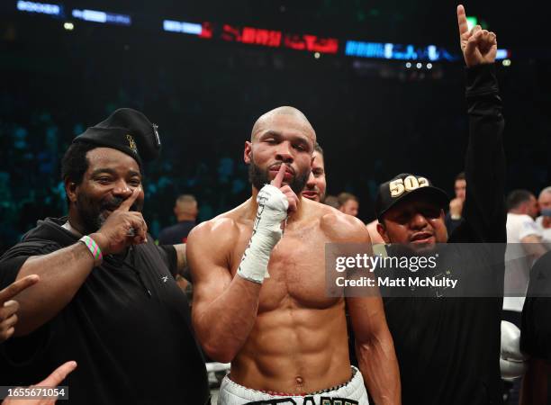 Chris Eubank Jr celebrates after beating Liam Smith in a 10th round stoppage during the Chris Eubank Jr v Liam Smith II Middleweight Title fight at...